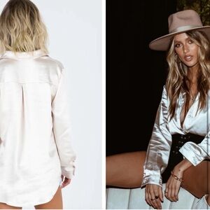 Princess Polly Satin Button-Down Shirt in Light Pink/Cream
